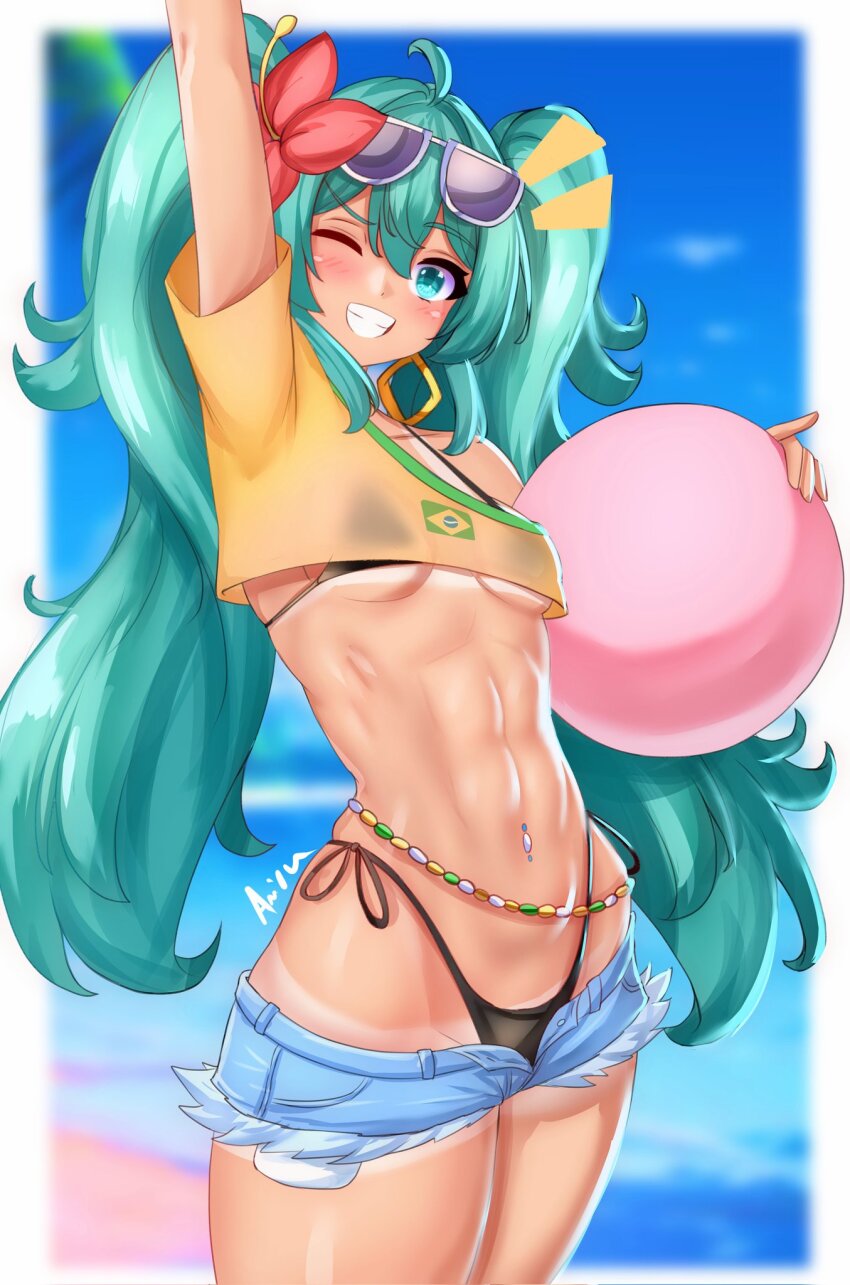 1girl ;d abs ahoge anisdrawn aqua_eyes aqua_hair arm_up ball bare_shoulders belly_chain bikini bikini_under_clothes blurry blurry_background blush brazilian_flag_print brazilian_miku breasts commentary cutoffs dark-skinned_female dark_skin denim denim_shorts earrings english_commentary exposed_pocket eyewear_on_head flower gold_earrings hair_between_eyes hair_flower hair_ornament hatsune_miku highres holding holding_ball jewelry long_hair navel navel_piercing off_shoulder one_eye_closed open_fly open_mouth piercing rectangular_earrings shirt shorts shorts_tan side-tie_bikini_bottom signature skindentation small_breasts smile solo sunglasses swimsuit tan tanline tanline_peek thighs toned_female twintails underboob very_long_hair vocaloid white-framed_eyewear yellow_shirt