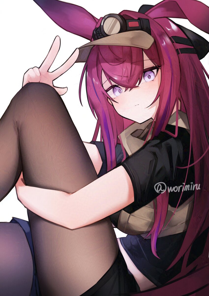 1girl absurdres adversarial_noise animal_ears arknights arm_up brown_pantyhose closed_mouth commentary crossed_bangs hair_between_eyes highres long_hair multicolored_hair pantyhose pink_eyes pink_hair purple_hair ray_(arknights) short_sleeves simple_background solo streaked_hair twitter_username v visor_cap watermark white_background worimehl