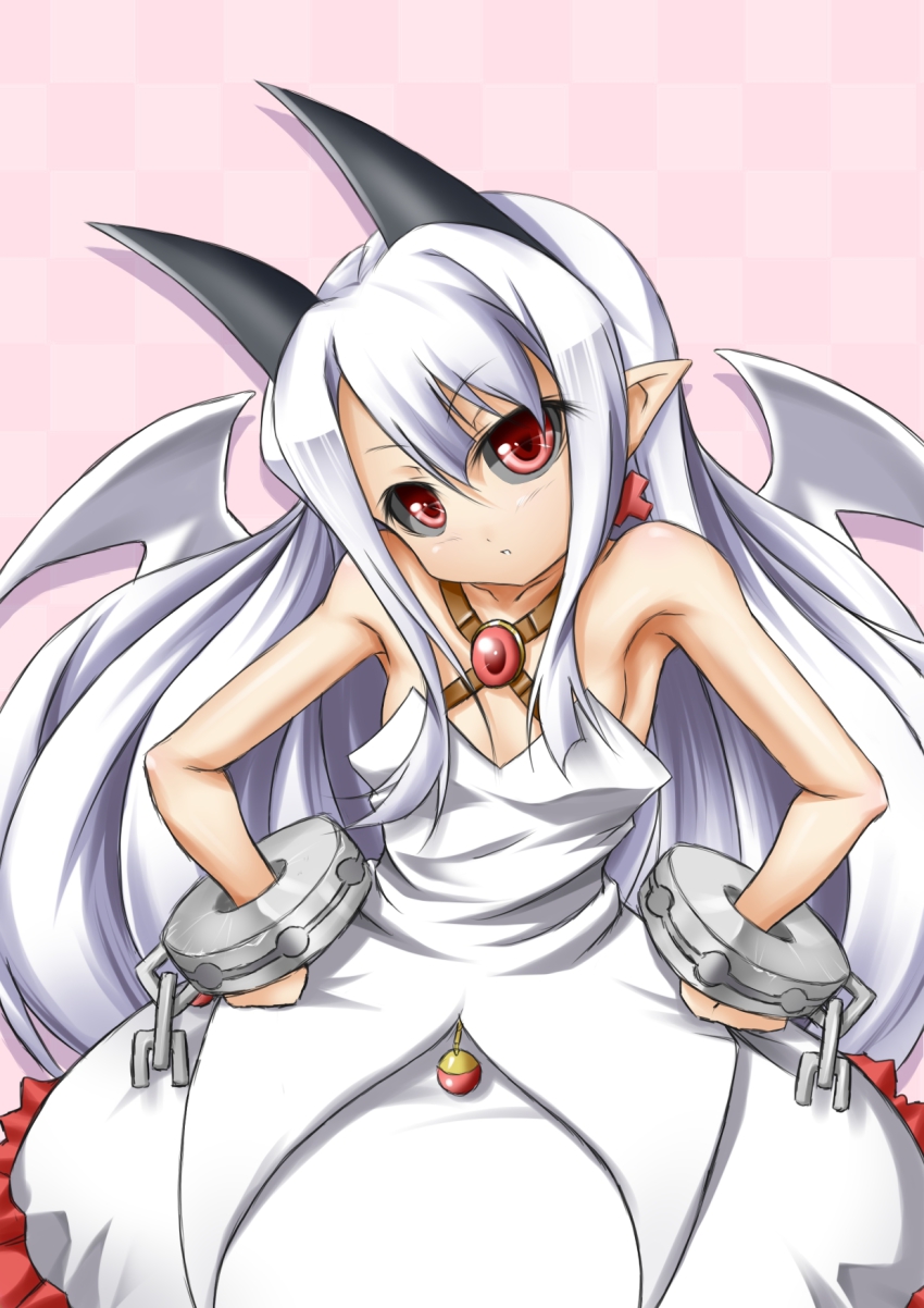 1girl albino armpits black_sclera checkered_background colored_sclera cuffs demon_girl dress earrings female_focus hands_on_own_hips highres horns jewelry long_hair phantom_kingdom pink_background pointy_ears pram_(phantom_kingdom) red_eyes roura shackles solo white_dress white_hair