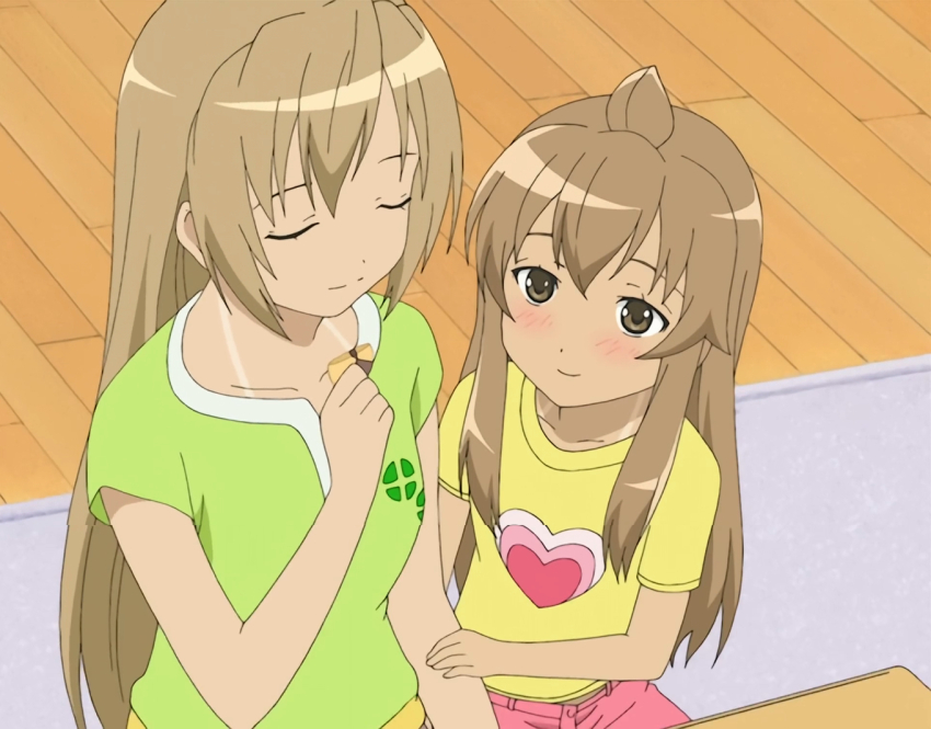 2girls ahoge bikini_tan blush brown_eyes brown_hair closed_eyes closed_mouth collarbone dot_nose feet_out_of_frame female_focus floor food heart_(symbol) holding holding_food indoors long_hair minami-ke minami_chiaki minami_haruka multiple_girls short_sleeves siblings sisters sitting smile stitched tan tanline third-party_edit