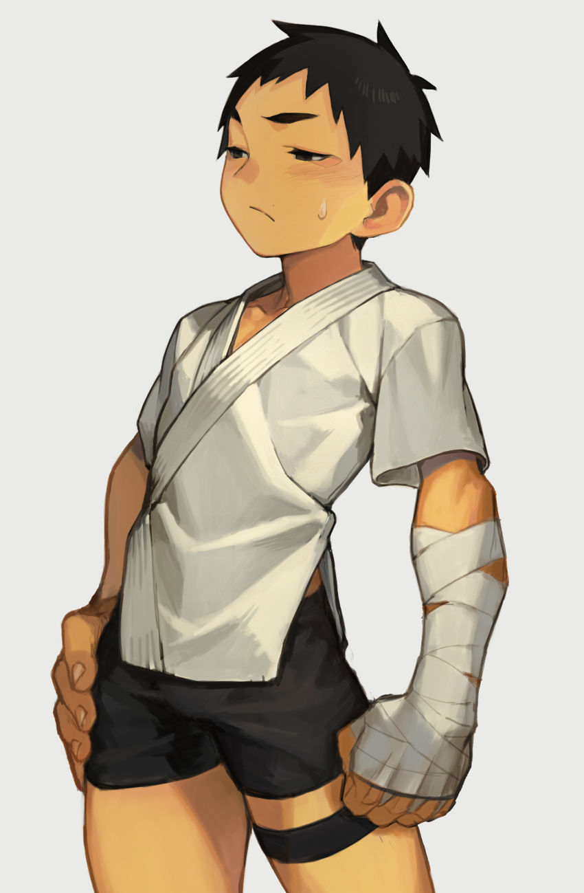 1boy :/ absurdres bad_hand bandaged_arm bandages black_hair black_shorts blush brown_eyes clenched_hand closed_mouth commentary_request dougi draugnut hand_on_own_hip highres looking_ahead male_focus original shirt short_hair shorts simple_background solo sweat sweatdrop white_background white_shirt