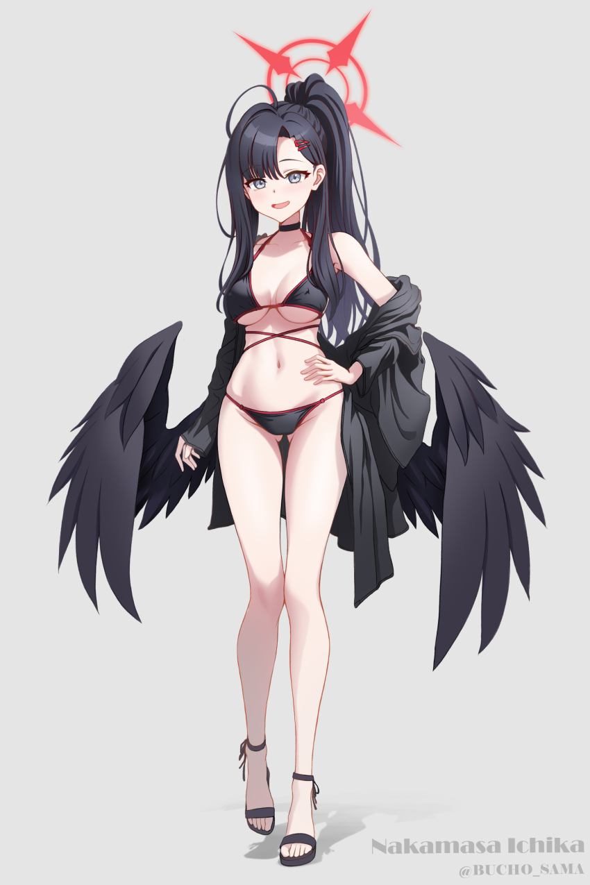 1girl :d absurdres bare_shoulders bikini black_bikini black_eyes black_hair blue_archive blush breasts bucho_sama choker covered_erect_nipples feathered_wings full_body gluteal_fold hair_ornament hairclip halo hand_on_own_hip highres ichika_(blue_archive) long_hair looking_at_viewer medium_breasts navel off_shoulder open_mouth ponytail shadow smile solo stomach swimsuit toeless_footwear variant_set wings