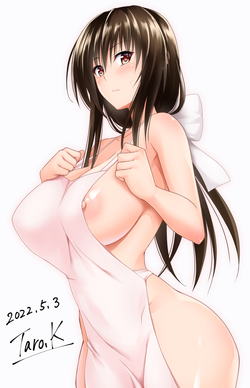 1girl apron areola_slip bare_shoulders black_hair blush breasts brown_eyes cleavage collarbone highres kotegawa_yui large_breasts long_hair naked_apron nipples ponytail standing taro_kasukabe to_love-ru