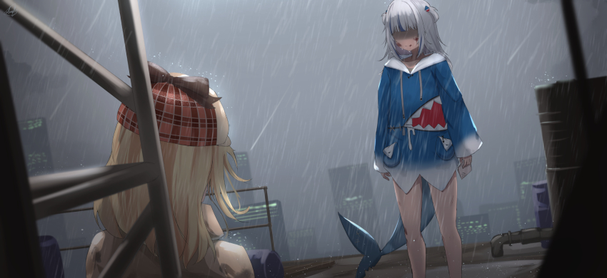 2girls a_way_out blonde_hair blood blood_on_face blue_hoodie building commentary crying death fins fish_tail gawr_gura gawr_gura_(1st_costume) hair_ornament hat highres hololive hololive_english hood hoodie multicolored_hair multiple_girls nev_(nevblindarts) on_roof outdoors rain sad shark_hair_ornament shark_tail skyscraper spoilers tail tears virtual_youtuber watson_amelia watson_amelia_(1st_costume) white_hair