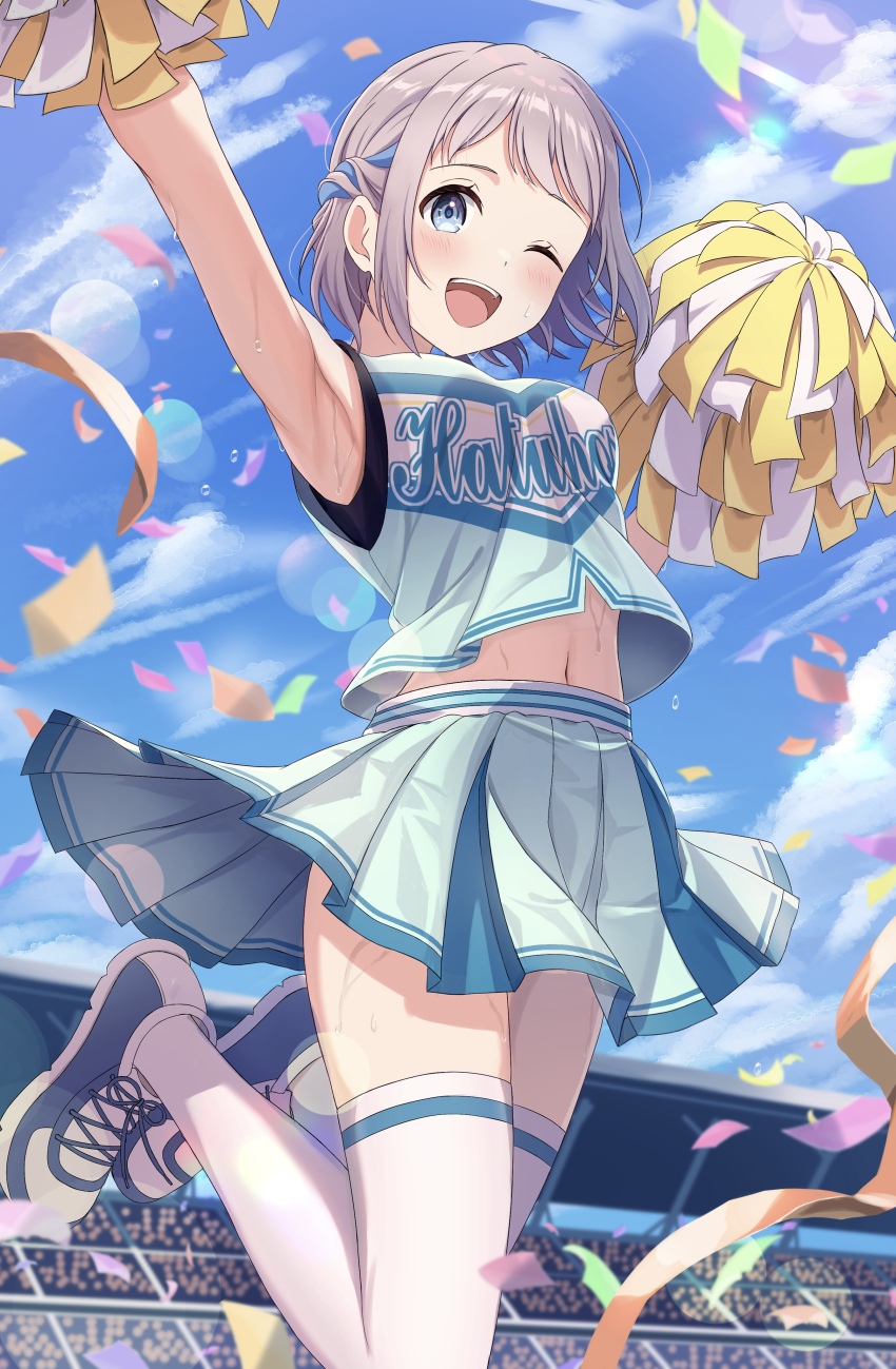 1girl ;d absurdres arm_up armpits blue_ribbon blush breasts cheerleader commentary confetti gakuen_idolmaster grey_hair hair_ribbon half_up_braid highres holding holding_pom_poms idolmaster jumping katsuragi_lilja looking_at_viewer medium_breasts miniskirt navel one_eye_closed open_mouth pleated_skirt pom_pom_(cheerleading) pom_poms revision ribbon ribbon_braid shirt shoes short_hair skirt sleeveless sleeveless_shirt smile sneakers solo stadium streamers sweat taiyaki_yaita thighhighs white_thighhighs zettai_ryouiki