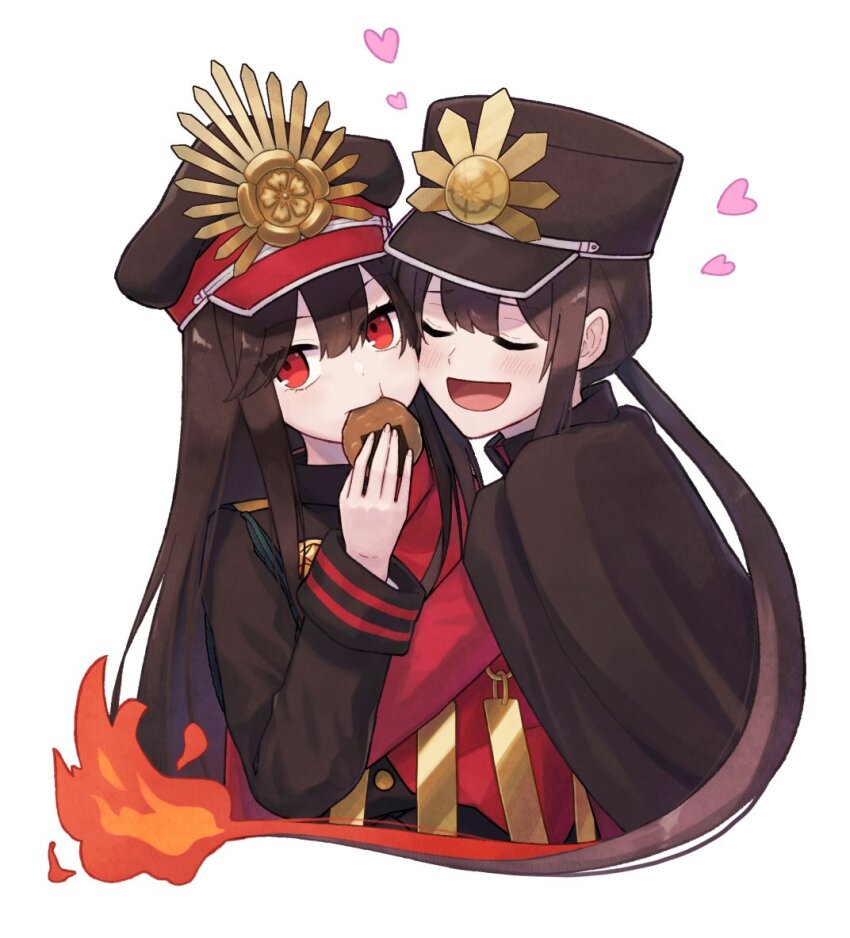 1boy 1girl black_headwear cape crest family_crest fate/grand_order fate_(series) hat long_hair long_sleeves military military_uniform oda_nobukatsu_(fate) oda_nobunaga_(fate) oda_uri peaked_cap red_cape siblings simple_background yzrh0