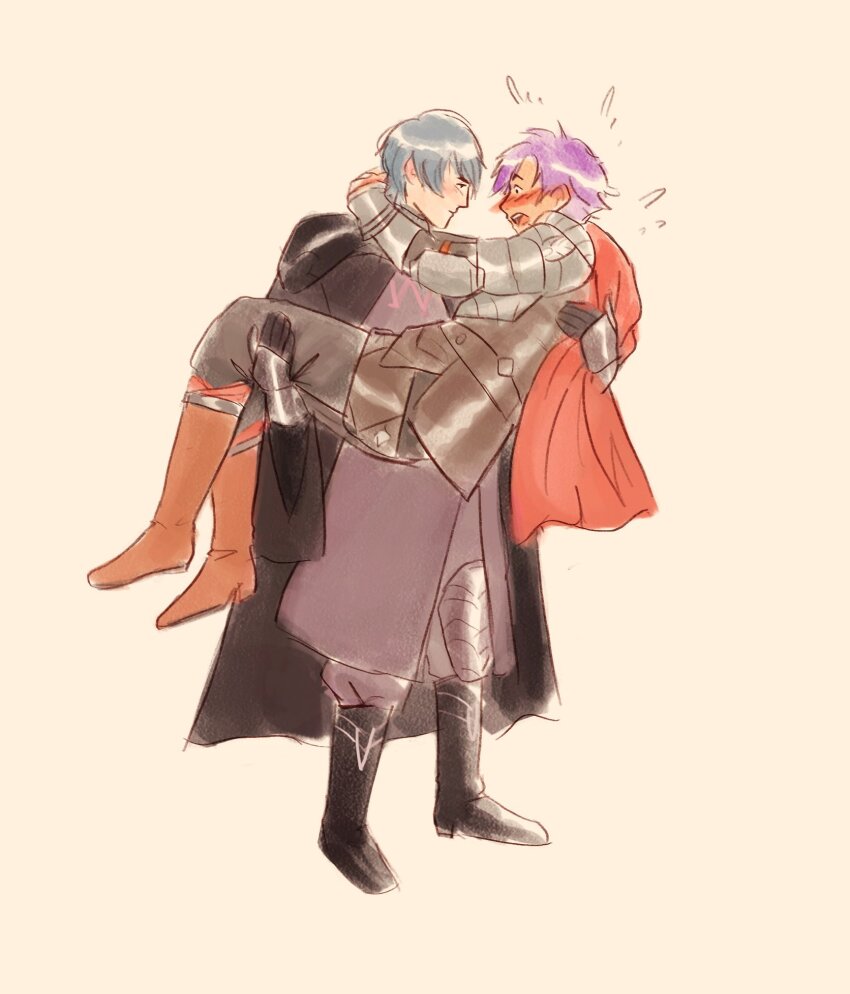 2boys arm_around_back arm_around_leg arm_around_neck armor armored_gloves belt black_armor black_belt black_cape black_footwear black_gloves black_pants black_robe blush boots breastplate byleth_(fire_emblem) byleth_(male)_(fire_emblem) cape carrying carrying_person closed_mouth commentary couple cuisses english_commentary eye_contact fire_emblem fire_emblem:_three_houses fire_emblem_warriors:_three_hopes flying_sweatdrops full_body gauntlets gloves green_hair highres issa_living knees_up layered_clothes leg_belt looking_at_another male_focus multiple_boys nintendo open_mouth pants pauldrons princess_carry purple_hair red_cape red_footwear robe shez_(fire_emblem) shez_(male)_(fire_emblem) shoulder_armor simple_background sweat sweatdrop teeth tongue upper_teeth_only white_background yaoi