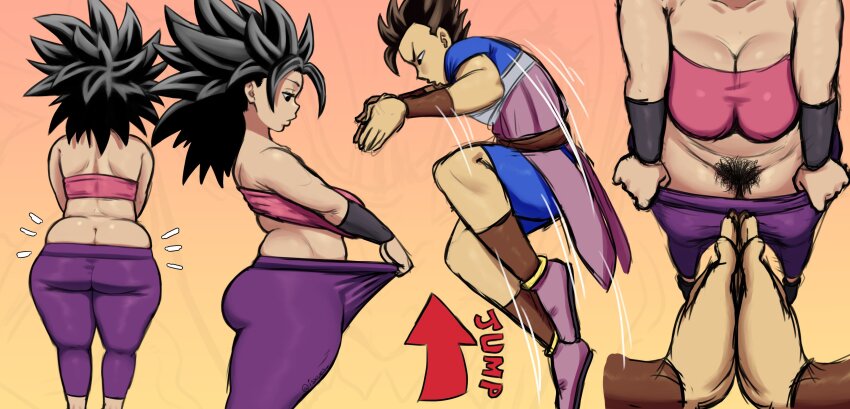 1boy 1girl 2025 bad_tag bandeau big_hair brown_hair butt_crack cabba caulifla clothes_pull dragon_ball dragon_ball_super english_text highres isxues jump looking_at_pussy looking_down midriff own_hands_together pants pants_pull pink_bandeau pink_tube_top pubic_hair purple_pants saiyan short_hair stomach strapless thick_thighs thighs tight_clothes tight_pants toned toned_female tube_top universe_6_(dragon_ball) wristband