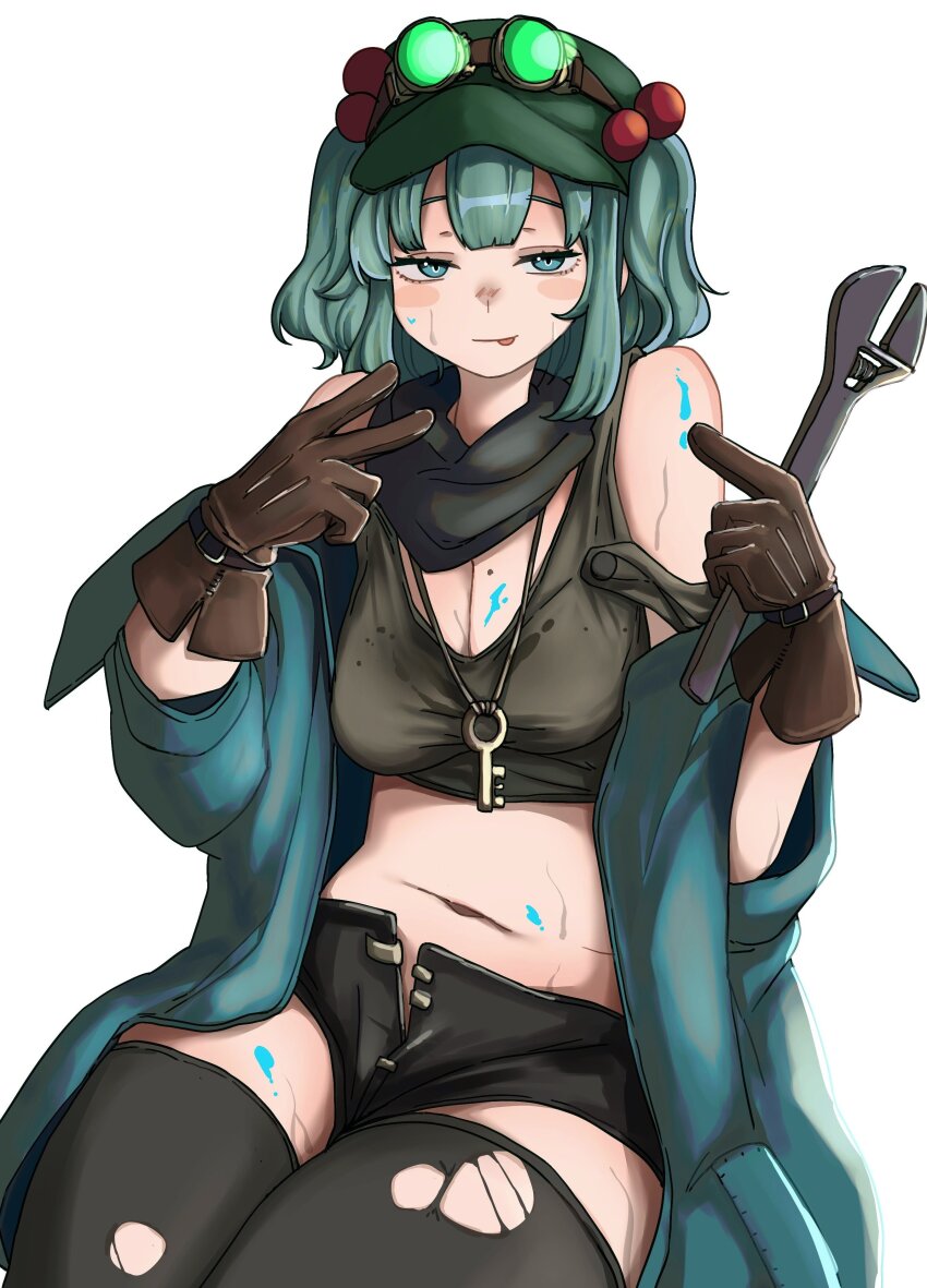 1girl :p absurdres alternate_costume black_shorts black_thighhighs blue_eyes blue_hair blush breasts brown_gloves cleavage closed_mouth commentary_request cowboy_shot crop_top flat_cap gloves goggles goggles_on_headwear green_hat grey_tank_top hair_bobbles hair_ornament hat highres holding holding_wrench jewelry kawashiro_nitori key key_necklace looking_at_viewer mechanic medium_breasts mesuosushi midriff navel necklace open_fly paint short_hair shorts simple_background smile solo tank_top thighhighs tongue tongue_out torn_clothes torn_thighhighs touhou two_side_up wrench