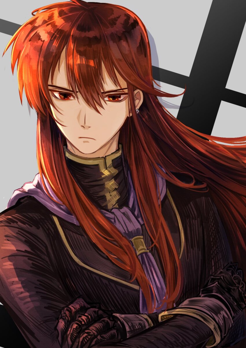 1boy crossed_arms drop_shadow ear_piercing fire_emblem fire_emblem:_mystery_of_the_emblem frown hair_between_eyes highres liondance_0220 long_hair long_sleeves male_focus michalis_(fire_emblem) nintendo piercing purple_scarf red_eyes red_hair scarf sleeve_cuffs solo upper_body