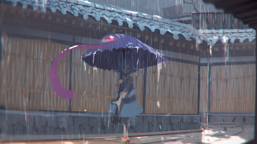 1girl architecture blue_dress building dress east_asian_architecture female_focus heterochromia highres karakasa_obake long_sleeves niy_(nenenoa) rain shirt solo tatara_kogasa touhou umbrella