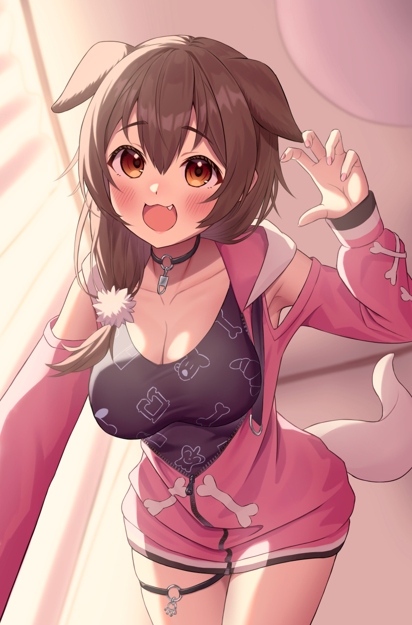 1girl absurdres animal_ears animal_print black_choker black_shirt blush bone_print breasts brown_eyes brown_hair choker cleavage dog_ears dog_girl dog_print dog_tail fang hair_between_eyes highres hololive inugami_korone inugami_korone_(loungewear) kumoru_(kumoru_145) large_breasts long_hair looking_at_viewer o-ring o-ring_choker official_alternate_costume open_mouth shirt smile solo tail virtual_youtuber