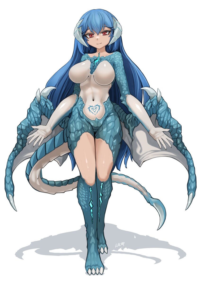 1girl absurdres blue_hair breasts character_request claws closed_mouth commentary_request commission copyright_request dragon_girl full_body hair_between_eyes highres hitokuirou horns large_breasts looking_at_viewer navel red_eyes shadow simple_background skeb_commission slit_pupils solo standing tail thick_thighs thighs translation_request tsurime white_background wings