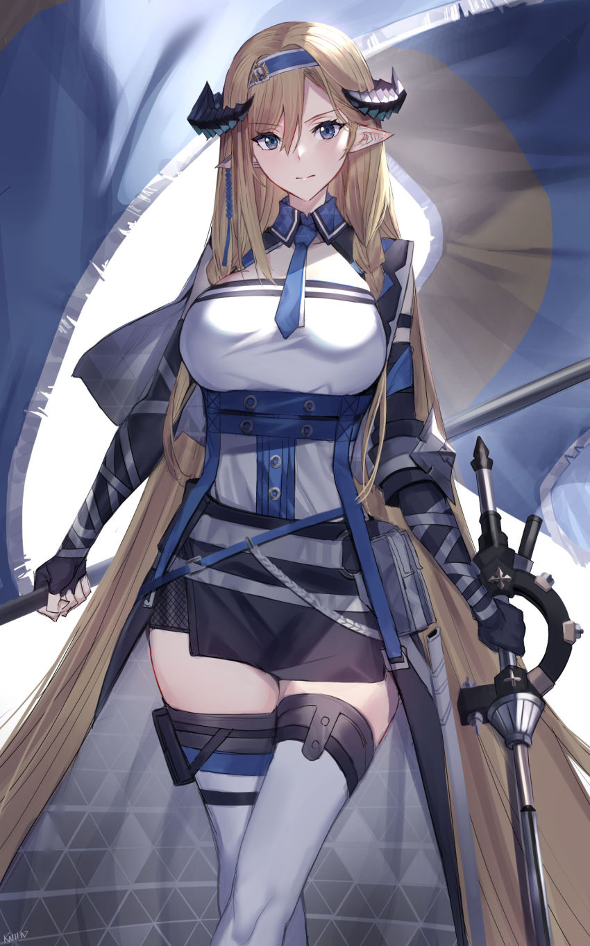 1girl absurdres arknights blonde_hair blue_eyes breasts collar collared_shirt dragon_girl dragon_horns dual_wielding gloves hairband highres holding horns crossed_legs long_hair necktie pointy_ears raitho saileach_(arknights) shirt skirt solo standing thighhighs very_long_hair weapon