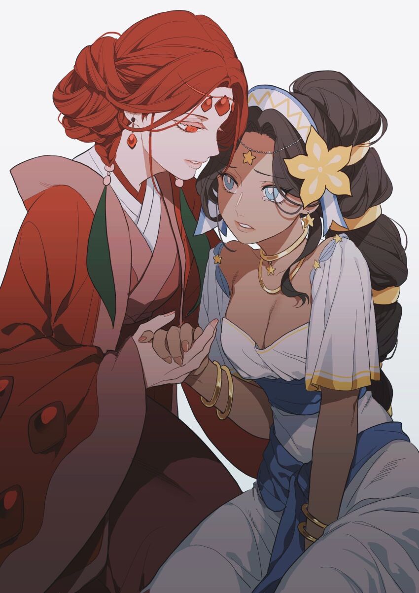 2girls alternate_skin_color between_legs blue_eyes blue_sash bracelet breasts brown_hair choker circlet cleavage coat colored_eyelashes cookie_run cookie_run:_ovenbreak couple curtained_hair earrings flower fuka_(kirrier) furisode_sleeves gem gold_choker hair_extensions hair_flower hair_ornament hairstyle_request hand_between_legs hand_grab hanging_breasts highres humanization jewelry kimono_collar layered_clothes lips long_hair long_skirt looking_at_another low_neckline medium_breasts middle_part multi-tied_hair multiple_girls nail_polish pale_skin parted_hair parted_lips pomegranate_cookie red_coat red_eyes red_gemstone red_hair red_skirt robe sash seiza short_sleeves simple_background sitting skirt star_(symbol) star_choker star_earrings starfruit_cookie tearing_up white_background white_headdress white_robe yellow_flower yuri