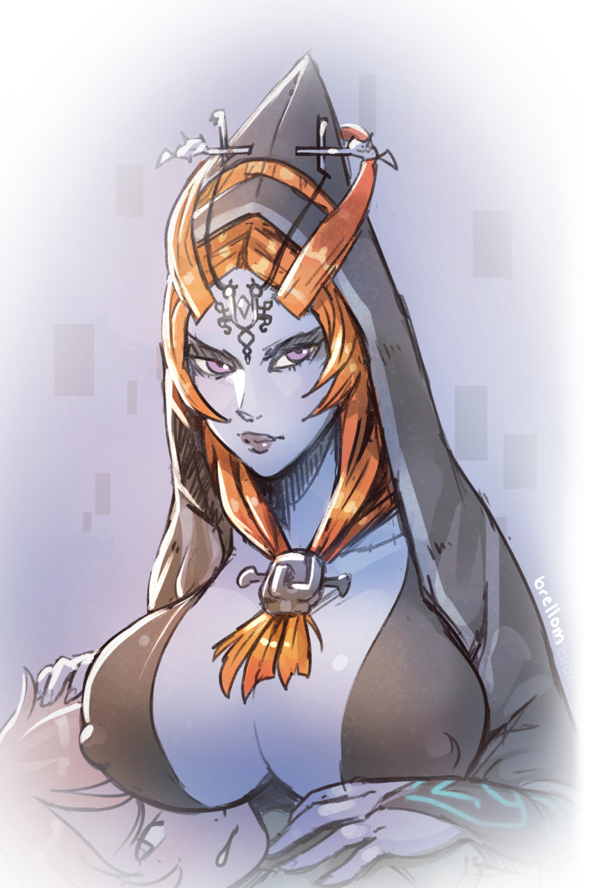 2girls breasts brellom covered_erect_nipples genderswap genderswap_(mtf) grimace hair_ornament highres hood large_breasts link lips long_hair midna midna_(true) multiple_girls nintendo orange_hair purple_eyes the_legend_of_zelda the_legend_of_zelda:_twilight_princess upper_body