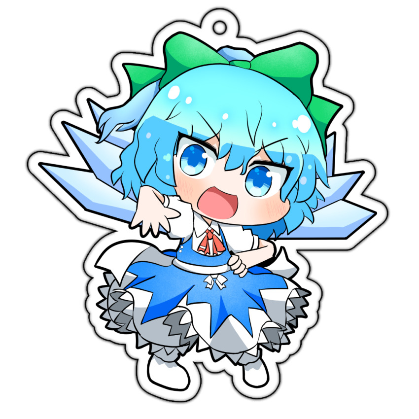 1girl :d blue_dress blue_eyes blue_hair blush bow cirno collared_shirt commentary_request coruthi dress frilled_dress frills full_body green_bow hair_bow hand_on_own_hip ice ice_wings looking_at_viewer neck_ribbon no_shoes open_mouth partial_commentary red_ribbon ribbon shirt short_hair short_sleeves simple_background smile socks solo standing touhou transparent_background v-shaped_eyebrows white_shirt white_socks wings