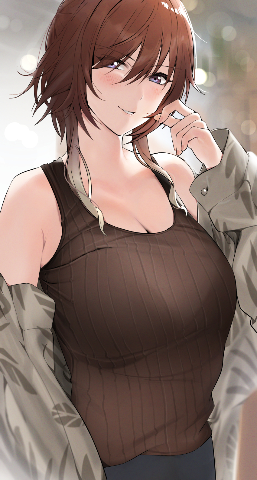 1girl absurdres aketa_mikoto bare_shoulders blonde_hair blurry blurry_background blush breasts brown_hair brown_shirt cleavage collarbone depth_of_field gradient_hair grey_jacket hand_up highres idolmaster idolmaster_shiny_colors jacket large_breasts leaf_print lens_flare lens_flare_abuse long_sleeves looking_at_viewer multicolored_hair off_shoulder open_clothes open_jacket parted_lips pol_winner print_jacket purple_eyes shirt sleeveless sleeveless_shirt smile solo upper_body