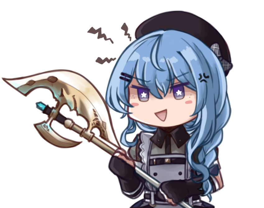 1girl anger_vein apron beret black_gloves black_hat blue_eyes blue_hair blush_stickers braid buttons chest_belt chibi chibi_only collared_dress double-breasted double-parted_bangs dress elbow_gloves fingerless_gloves gloves grey_apron hair_between_eyes hair_ornament hair_over_shoulder hairclip halberd hat holding holding_polearm holding_weapon hololive hoshimachi_suisei hoshimachi_suisei_(maid) jitome long_hair official_alternate_costume official_alternate_hair_length official_alternate_hairstyle orakuru_(oracle_art) polearm puffy_short_sleeves puffy_sleeves see-through_clothes see-through_sleeves short_sleeves side_braid simple_background single_braid solid_oval_eyes solo star-shaped_pupils star_(symbol) symbol-shaped_pupils transparent_background upper_body virtual_youtuber weapon