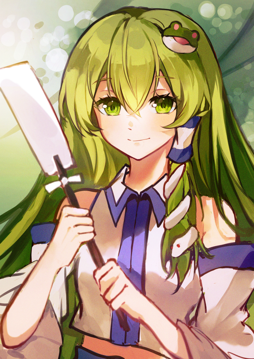 1girl absurdres bare_shoulders blue_trim closed_mouth collared_shirt commentary_request detached_sleeves film_grain frog_hair_ornament gohei green_eyes green_hair hair_between_eyes hair_ornament hair_tubes highres holding holding_gohei kochiya_sanae long_hair long_sleeves midriff nontraditional_miko rivergod shirt single_hair_tube single_sidelock sleeveless sleeveless_shirt smile snake_hair_ornament solo touhou tree upper_body very_long_hair white_shirt white_sleeves wide_sleeves wing_collar