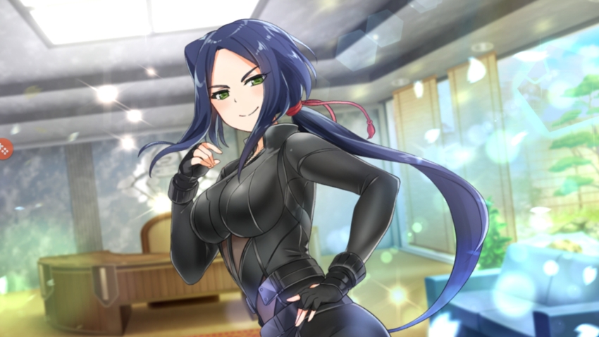 1girl black_bodysuit blue_hair blurry blurry_background bodysuit breasts closed_mouth day fuma_lily game_cg gloves green_eyes hand_on_own_hip highres impossible_bodysuit impossible_clothes indoors large_breasts long_hair looking_at_viewer looking_to_the_side moe!_ninja_girls moe!_ninja_girls_rpg official_alternate_costume official_art parted_bangs sidelocks smile solo third-party_source very_long_hair