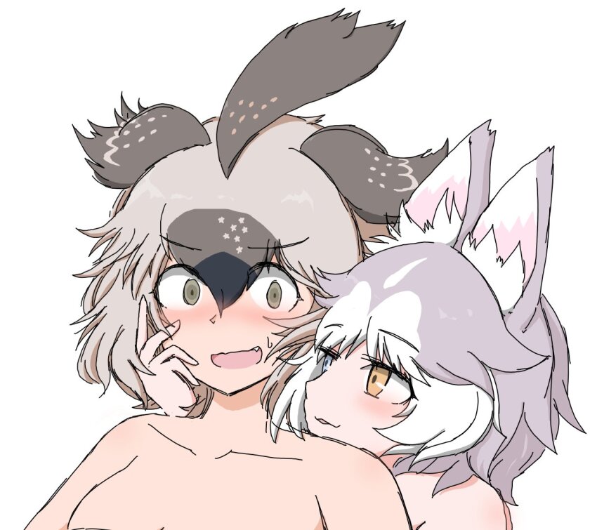 2girls animal_ears arm_around_neck assertive_female behind_another black_hair blue_eyes breasts brown_hair constricted_pupils dog_(mixed_breed)_(kemono_friends) dog_ears fang greater_roadrunner_(kemono_friends) green_eyes grey_hair hair_between_eyes hand_in_another&#039;s_hair hand_on_another&#039;s_cheek hand_on_another&#039;s_face heterochromia kemono_friends kemono_friends_2 km9kcaxsbjnmmyw light_smile looking_at_another medium_hair multicolored_hair multiple_girls nervous nervous_smile nude open_mouth parted_lips smile two-tone_hair upper_body white_hair yellow_eyes yuri