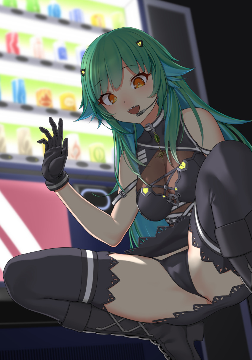 +_+ 1girl :d ass bare_shoulders black_gloves black_thighhighs blush boots breasts cleavage earpiece gishu gloves green_hair hair_ornament highres kitakoji_hisui kitakoji_hisui_(2nd_costume) long_hair looking_at_viewer microphone nijisanji open_mouth orange_eyes sharp_teeth skirt smile solo spread_legs squatting symbol-shaped_pupils teeth thighhighs tiptoes vending_machine virtual_youtuber