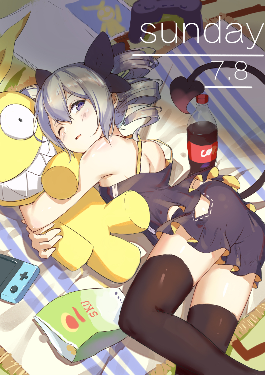 1girl :o absurdres ass bed bed_sheet black_dress black_thighhighs bronya_zaychik chips_(food) controller demon_tail doll hugging_doll dress drill_hair food grey_eyes grey_hair highres homu_(honkai_impact) honkai_(series) honkai_impact_3rd lying nintendo_switch hugging_object on_side one_eye_closed open_mouth soda_bottle solo tail thighhighs twin_drills yu_xiu