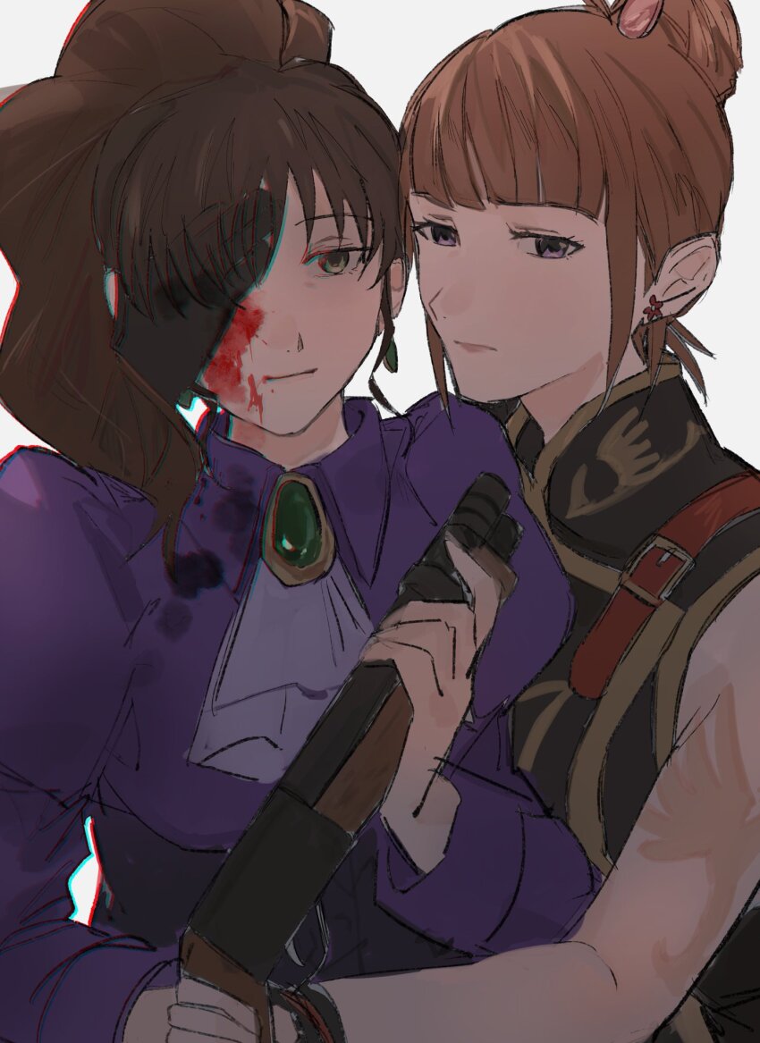 2girls arm_tattoo biiko_(king1015g) black_gloves blood blood_on_clothes blood_on_face brown_hair dress earrings formal_clothes gloves gun hair_bun hand_on_another&#039;s_face highres holding holding_gun holding_weapon jewelry long_hair multiple_girls one_eye_covered orange_hair ponytail purple_eyes tattoo umineko_no_naku_koro_ni ushiromiya_eva ushiromiya_natsuhi weapon white_background