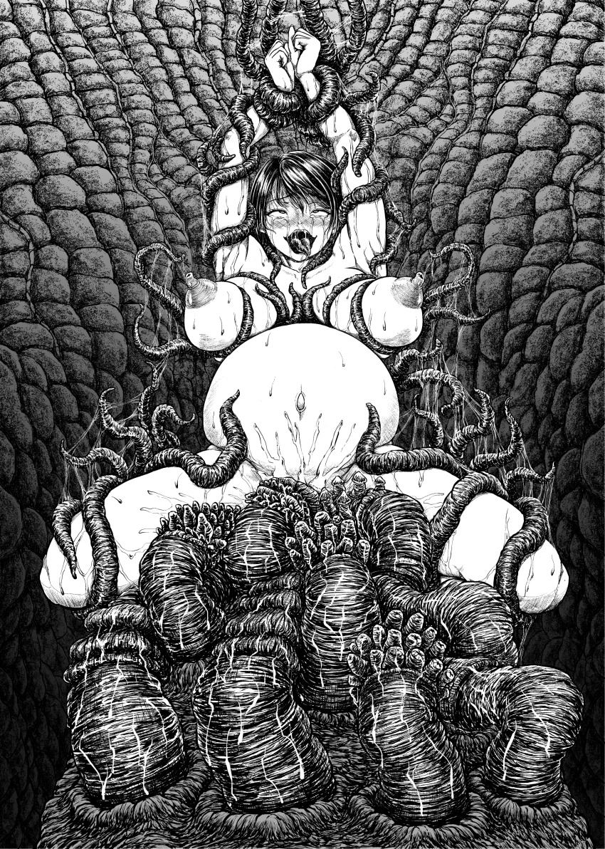 absurdres ahegao arms_up black_hair bound bound_wrists breasts bug crying crying_with_eyes_open cum cum_in_pussy cum_inflation highres inflation interspecies large_breasts monochrome multiple_vaginal nipples nude original pregnant puffy_nipples restrained slime_(substance) spread_legs tears tentacle_blowjob tentacle_pit tentacle_sex tentacles vaginal yuyu_(1bit)