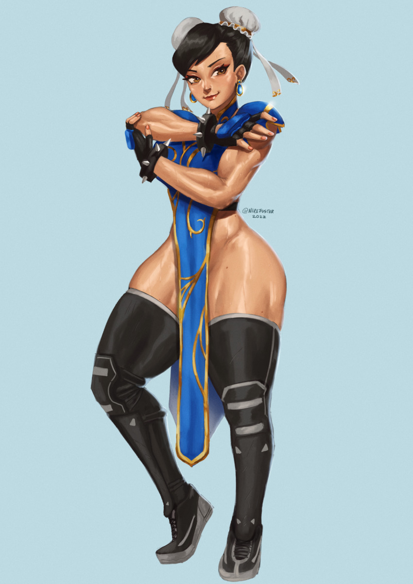 1girl absurdres alternate_costume black_hair blush bracelet brown_eyes capcom chinese_clothes chun-li gloves highres jewelry lipstick makeup muscular muscular_female muscular_legs nirefuster official_alternate_costume spiked_bracelet spikes street_fighter thick_thighs thighhighs thighs