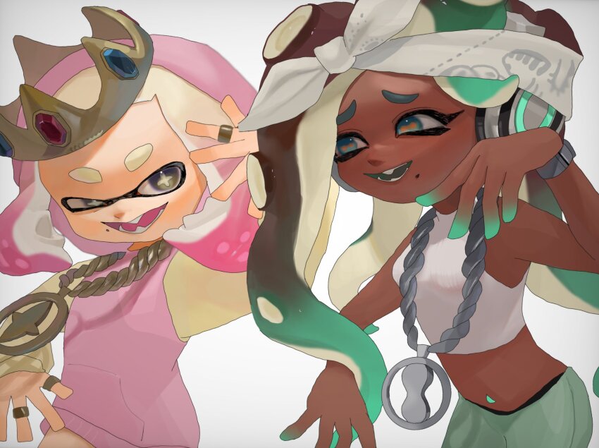 2girls chain chain_necklace crop_top crown dark-skinned_female dark_skin headphones highres inkling long_sleeves marina_(splatoon) mepo_1 multiple_girls necklace nintendo octoling pants pearl_(splatoon) sleeveless splatoon_(series) splatoon_2 splatoon_2:_octo_expansion tentacle_hair