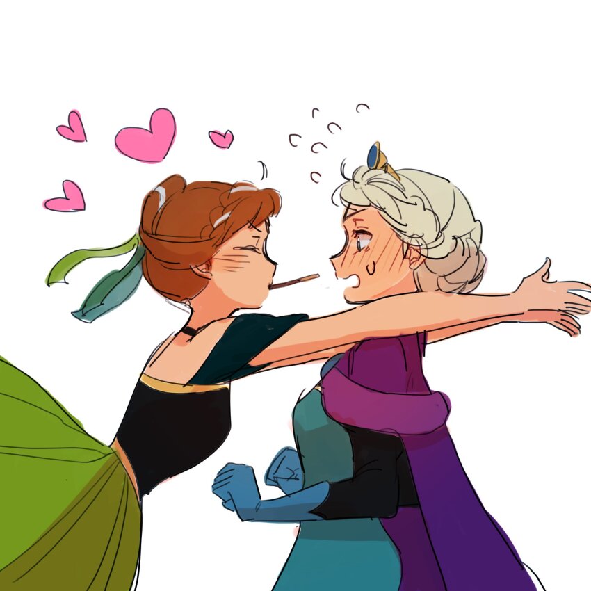 2girls anna_(frozen) black_shirt blue_dress blue_gloves blush cape closed_eyes commentary_request dress elsa_(frozen) flying_sweatdrops food food_in_mouth frozen_(disney) frozen_1022 gloves green_skirt hair_up heart highres incest korean_commentary multiple_girls orange_hair pocky pocky_in_mouth purple_cape shirt siblings sisters skirt sui-feng sweatdrop tiara white_background white_hair yuri