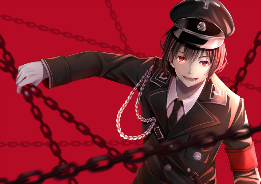 1boy :d armband black_hair black_neckwear chain gloves hat highres holding holding_chain koki_(latte1023) looking_at_viewer male_focus military_hat necktie open_mouth original pocket red_background red_eyes simple_background smile uniform white_gloves