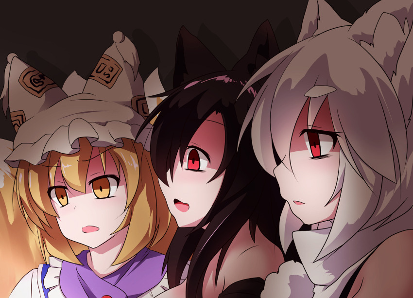 3girls animal_ear_fluff animal_ears bags_under_eyes blonde_hair brown_hair commentary_request disgust imaizumi_kagerou inubashiri_momiji kitsune kyuubi long_hair meme multiple_girls multiple_tails open_mouth pom_pom_(clothes) red_eyes shaded_face shirt short_hair sivamaron sleeveless sleeveless_shirt tail touhou turtleneck turtleneck_shirt upper_body v-shaped_eyebrows wanima_photo_(meme) white_hair white_shirt wolf_ears wolf_girl yakumo_ran yellow_eyes