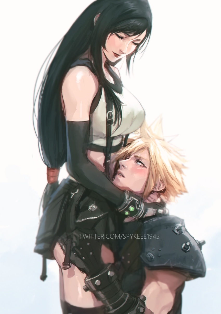 1boy 1girl armor artist_name ass_peek bare_shoulders black_gloves black_hair black_skirt black_thighhighs blonde_hair blue_eyes blush bracelet breasts closed_eyes cloud_strife commentary couple crop_top earrings elbow_gloves english_commentary facing_another feet_out_of_frame final_fantasy final_fantasy_vii final_fantasy_vii_rebirth final_fantasy_vii_remake fingerless_gloves from_side gloves highres jewelry large_breasts long_hair looking_at_another looking_up low-tied_long_hair materia midriff miniskirt parted_bangs short_hair shoulder_armor skirt sleeveless smile spiked_hair spykeee suspender_skirt suspenders tank_top thighhighs tifa_lockhart turtleneck twitter_username upper_body watermark web_address