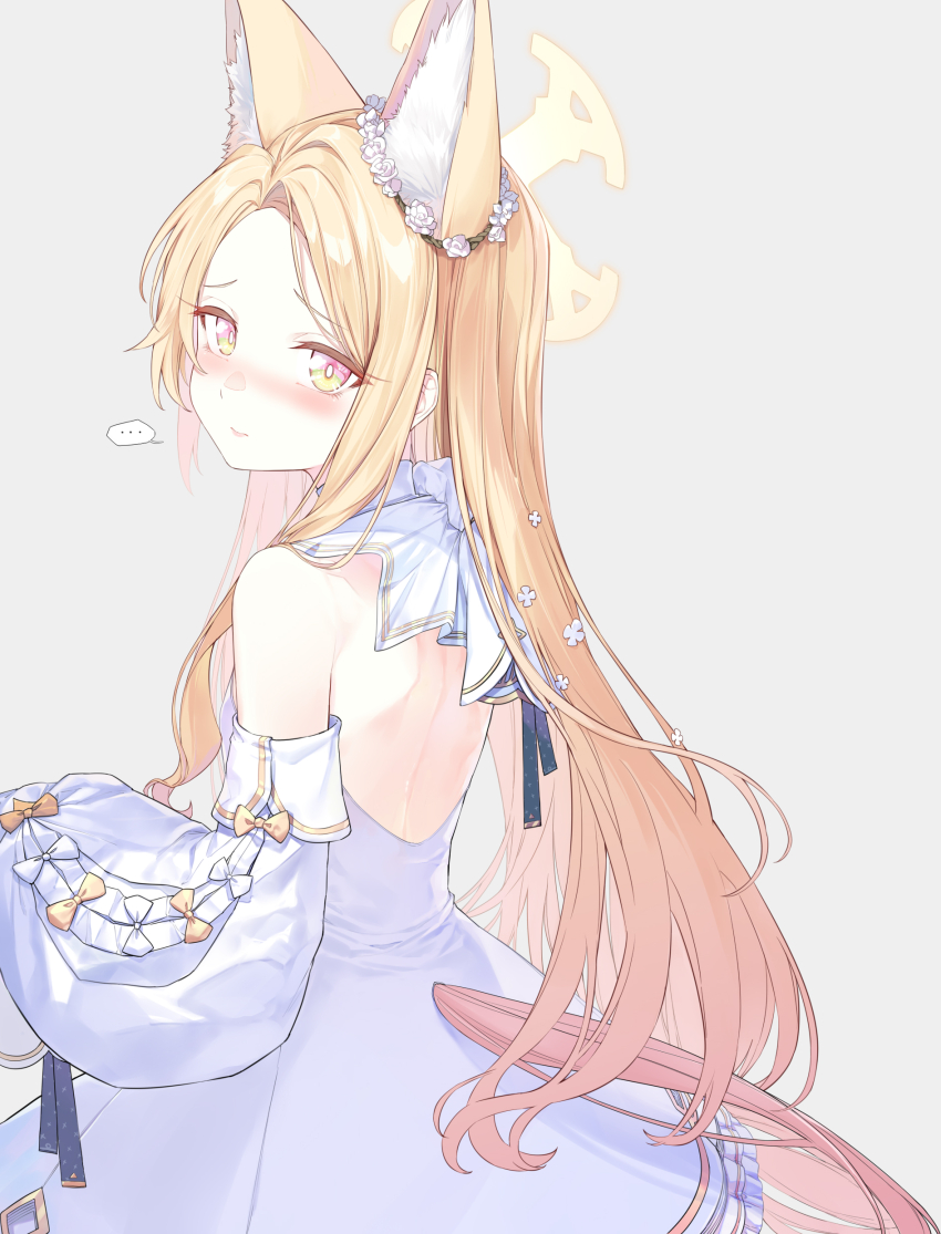 ... 1girl absurdres animal_ear_fluff animal_ears back backless_dress backless_outfit bare_shoulders blonde_hair blue_archive blush breasts coffeekite dress extra_ears forehead fox_ears gradient_eyes halo highres long_hair looking_at_viewer looking_back multicolored_eyes orange_eyes parted_bangs seia_(blue_archive) sleeves_past_fingers sleeves_past_wrists smile solo tail variant_set white_background white_dress