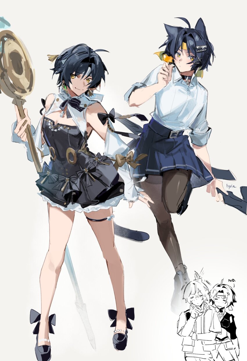 2boys absurdres alternate_costume animal_ears asaba_harumasa bandana belt bishounen black_choker black_dress black_hair black_ribbon black_thighhighs cat_boy cat_ears cat_tail choker crossdressing detached_collar dress full_body highres lyrie_luna male_focus multiple_boys pantyhose ribbon shirt short_hair skirt smile tail thigh_strap thighhighs white_shirt wise_(zenless_zone_zero) yellow_bandana zenless_zone_zero