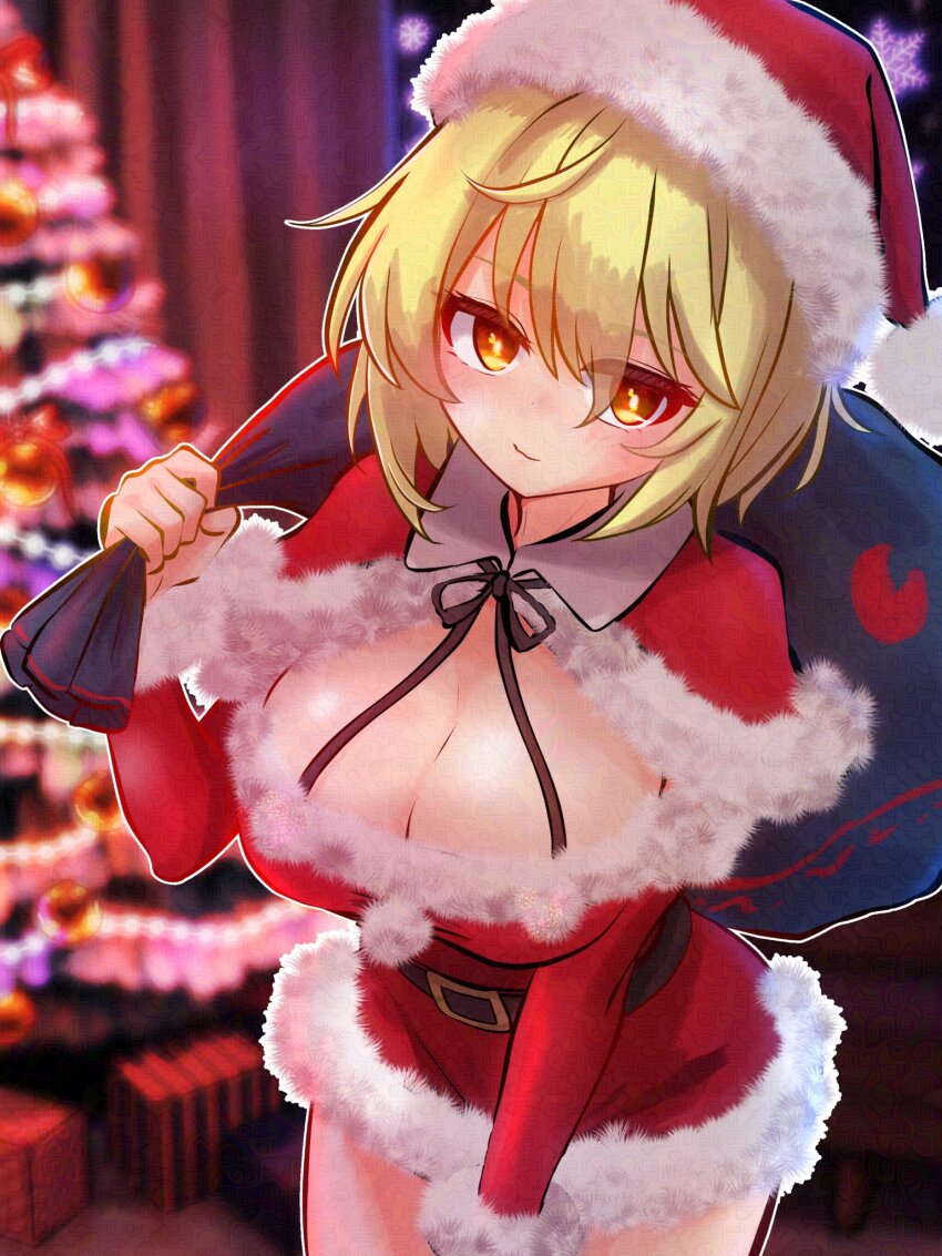 1girl ayu_yutyaso belt black_belt black_ribbon blonde_hair breasts christmas christmas_tree cleavage cleavage_cutout closed_mouth clothing_cutout coat commentary_request dress fur-trimmed_dress fur-trimmed_sleeves fur_trim hat highres holding holding_sack indoors large_breasts leaning_forward long_sleeves lunasa_prismriver neck_ribbon red_coat red_dress red_hat ribbon sack santa_dress santa_hat short_dress short_hair smile solo touhou yellow_eyes