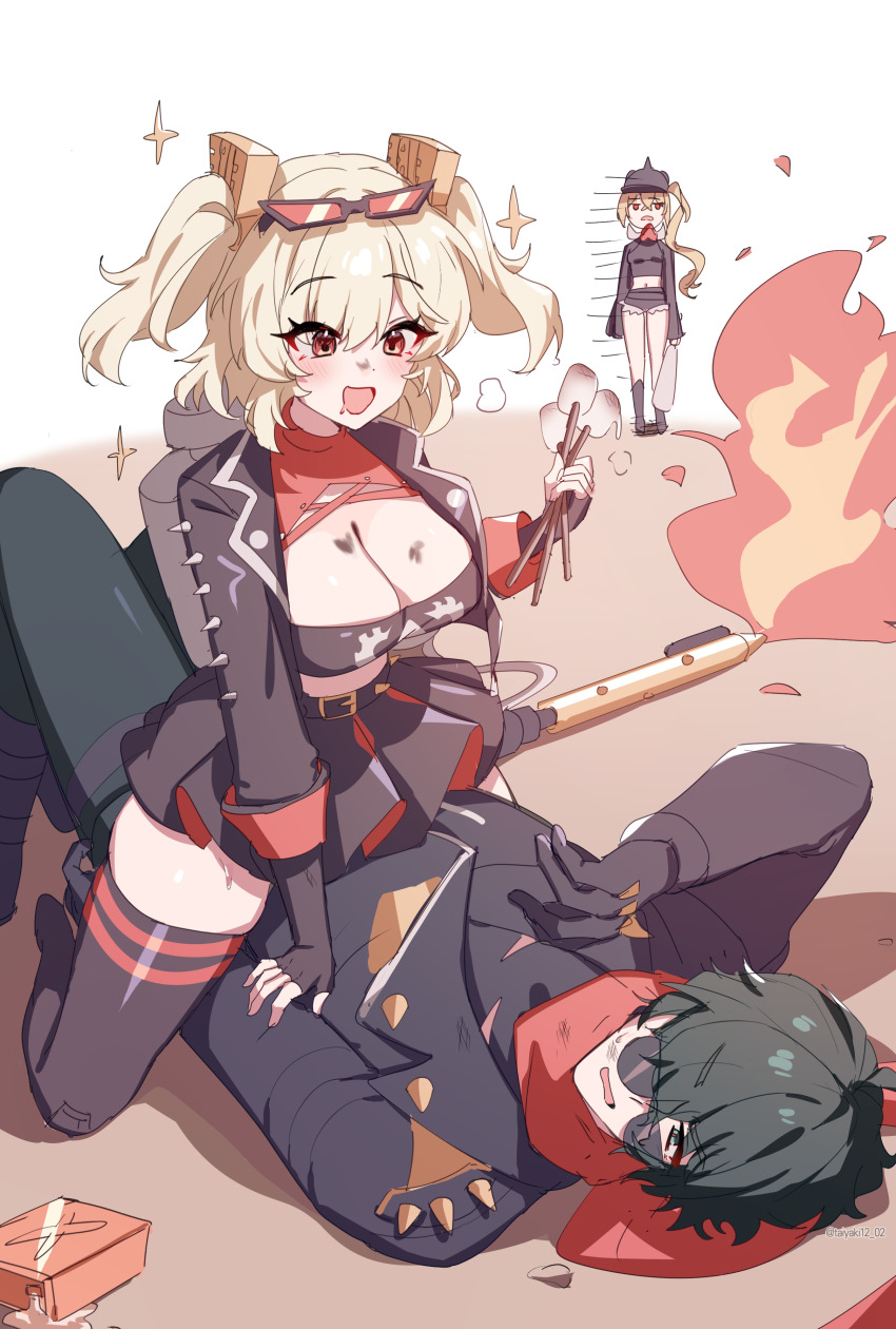 1boy 2girls absurdres black_gloves black_hair black_jacket black_shorts black_thighhighs blonde_hair breasts burnice_white crop_top dirty dirty_face eyewear_on_head fingerless_gloves fire flamethrower food gloves hair_over_one_eye helmet highres holding jacket large_breasts lighter_(zenless_zone_zero) long_sleeves luciana_de_montefio lying marshmallow multiple_girls open_mouth pants red_eyes red_scarf roasted_marshmallow scarf shorts side_ponytail skirt sparkle standing straddling sunglasses taiyaki12 thighhighs two_side_up weapon zenless_zone_zero