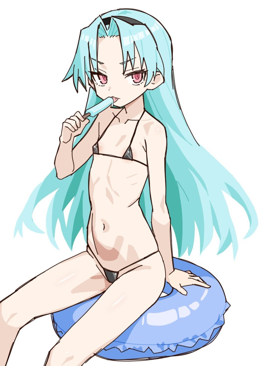 1girl bikini black_bikini blue_hair commentary_request flat_chest food hairband highres holding holding_food holding_popsicle innertube long_hair matuo3232 micro_bikini navel pink_eyes popsicle rance_(series) ribs sengoku_rance shinobu_(rance) sitting solo swim_ring swimsuit tongue tongue_out