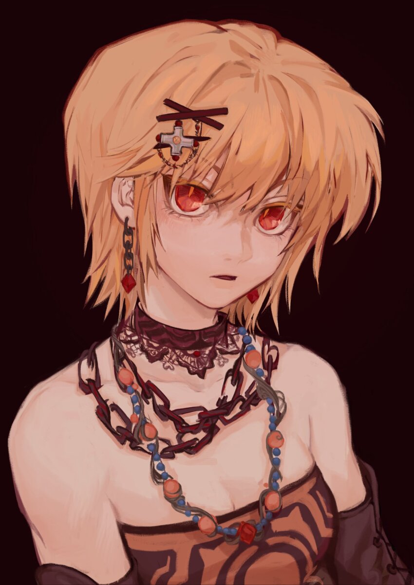 1girl androgynous bare_shoulders black_background blonde_hair breasts chain chain_necklace choker cleavage earrings genderswap genderswap_(mtf) hair_ornament hairclip highres hunter_x_hunter ik18166181ik jewelry kurapika lace looking_at_viewer necklace orange_pupils orange_shirt red_choker red_eyes shirt short_hair simple_background small_breasts solo upper_body