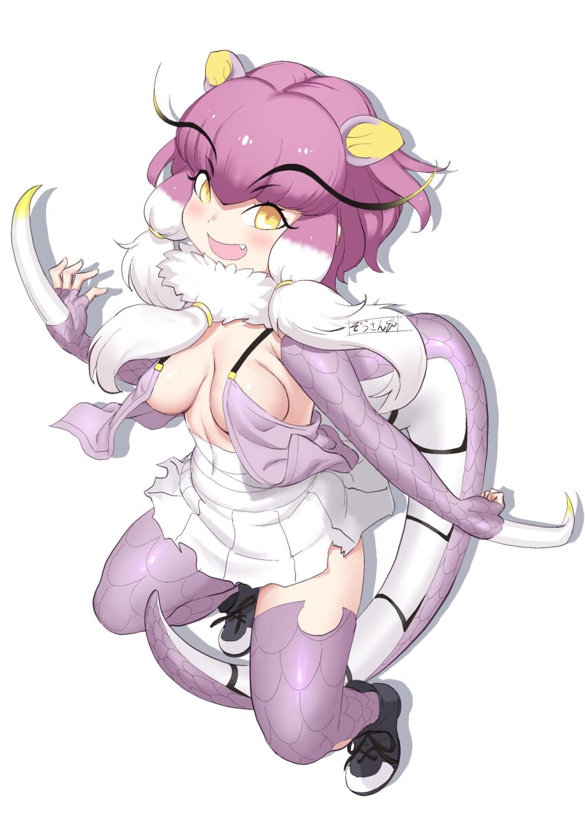 1girl animal_ears black_footwear blush boots claws elbow_gloves extra_ears fang fingerless_gloves full_body fur_collar gloves hair_between_eyes highres kemono_friends lizard_tail masuyama_ryou multicolored_hair open_clothes open_mouth open_shirt pleated_skirt purple_gloves purple_hair purple_shirt purple_thighhighs rairyu_(kemono_friends) scales shirt short_hair sidelocks skirt smile solo tail thighhighs two-tone_hair white_fur white_hair white_skirt yellow_eyes zettai_ryouiki