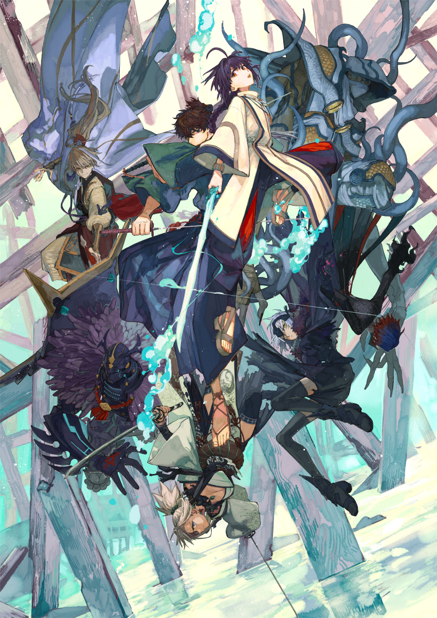 2girls 2others 4boys absurdres ahoge ambiguous_gender androgynous animal archer_(fate/samurai_remnant) armor assassin_(fate/samurai_remnant) black_armor black_cape black_hair black_thighhighs blue_hair bow_(weapon) braid braided_ponytail cape caster_(fate/samurai_remnant) dual_wielding fate/samurai_remnant fate_(series) floating_hair full_armor glowing glowing_sword glowing_weapon gradient_hair grey_hair highres holding holding_bow_(weapon) holding_sword holding_weapon hood hood_up japanese_armor japanese_clothes jeanne_d&#039;arc_(fate) katana kimono long_hair looking_at_viewer mask miyamoto_iori_(fate) miyamoto_musashi_(fate) mouth_mask multicolored_hair multiple_boys multiple_girls multiple_others official_art ponytail protected_link red_eyes second-party_source short_hair smile snake sword thighhighs torn_cape torn_clothes two-tone_hair ushi_gozen_(fate) ushi_gozen_(rider)_(fate) weapon white_kimono yamato_takeru_(fate) yellow_eyes