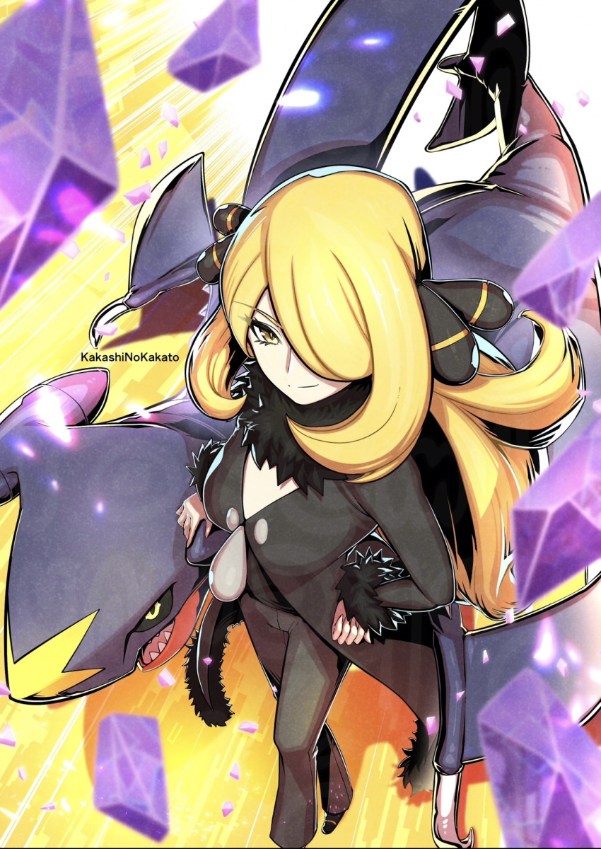 1girl artist_name black_collar black_footwear blonde_hair closed_mouth coat collar commentary_request creatures_(company) cynthia_(pokemon) fur-trimmed_coat fur_collar fur_trim game_freak garchomp gen_4_pokemon hair_ornament hair_over_one_eye hand_on_own_hip highres kakashino_kakato long_hair long_sleeves nintendo pants pokemon pokemon_(creature) pokemon_dppt shoes smile split_mouth standing v-neck