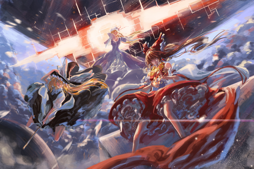 3girls above_clouds apron armband ascot black_dress black_vest blonde_hair blue_sky blurry bow broom broom_riding brown_hair clothes_lift cloud depth_of_field detached_sleeves dress elbow_gloves energy_ball epic eyes_visible_through_hair faceless fire flying folding_fan frilled_skirt frills gap_(touhou) gloves hair_bow hair_tubes hakurei_reimu hand_fan hand_on_headwear hat hat_bow hat_ribbon highres kirisame_marisa lens_flare light_particles long_hair looking_at_another mob_cap multiple_girls ponytail puffy_short_sleeves puffy_sleeves purple_dress red_eyes red_skirt ribbon serious short_sleeves skirt skirt_lift sky song_ren standing touhou very_long_hair vest white_dress white_gloves wide_sleeves wind witch_hat yakumo_yukari yellow_eyes