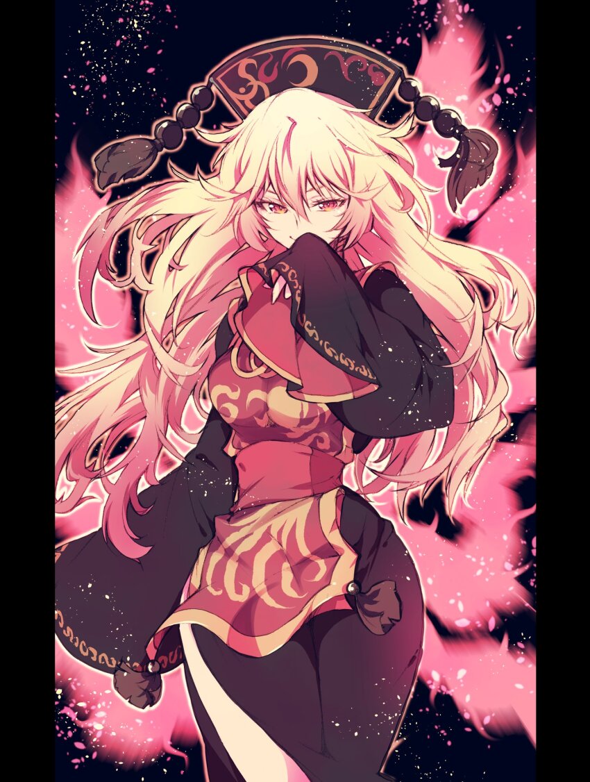 1girl black_background black_border blonde_hair border breasts chinese_clothes closed_mouth commentary_request covering_own_mouth cowboy_shot crescent_print dalachi_(headdress) energy eyebrows_hidden_by_hair hand_over_own_mouth highres ichizen_(o_tori) junko_(touhou) light_smile long_hair phoenix_crown phoenix_print pom_pom_(clothes) red_sash red_tabard sash side_slit sleeves_past_fingers sleeves_past_wrists solo standing tabard touhou tsurime v-shaped_eyebrows