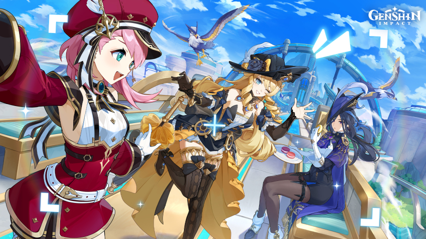 3girls :d aqua_eyes armpits belt bird black_hat black_pantyhose black_thighhighs blonde_hair blue_cape blue_sky cabbie_hat cape charlotte_(genshin_impact) clorinde_(genshin_impact) cloud commentary copyright_name day detached_sleeves english_commentary genshin_impact grin hand_up hat high-waist_skirt highres long_sleeves multiple_girls navia_(genshin_impact) official_art one_eye_closed open_mouth outdoors outstretched_arm pantyhose pink_hair red_hat red_skirt shirt short_hair skirt sky sleeveless sleeveless_shirt smile suspender_skirt suspenders thigh_strap thighhighs tricorne viewfinder white_belt white_shirt