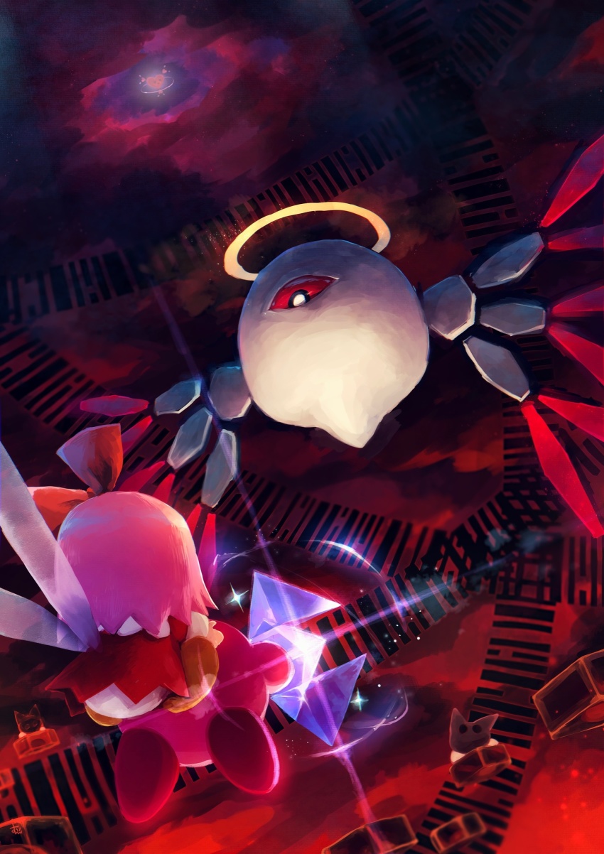 barcode cloud dark_clouds fairy fairy_wings flying from_behind glint gun halo highres holding holding_gun holding_weapon kirby kirby_(series) kirby_64 n-z nintendo one-eyed pink_hair red_eyes ribbon_(kirby) ripple_star short_hair suyasuyabi tail weapon wings zero_two_(kirby)