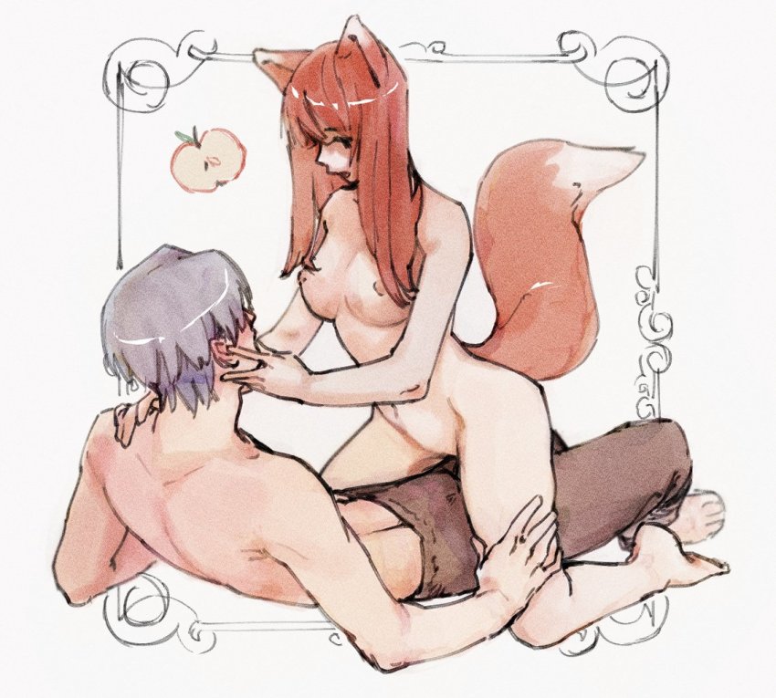 1boy 1girl animal_ears apple apple_slice arched_back barefoot breasts brown_hair clothed_male_nude_female couple craft_lawrence food fruit grey_hair hetero holo medium_breasts monorhea navel nipples nude topless_male spice_and_wolf tail white_background wolf_ears wolf_girl wolf_tail